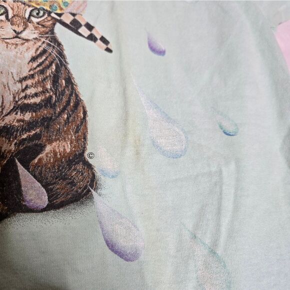 VINTAGE 90s mint green kittens in the rain short sleeve unisex tee shirt L - Picture 9 of 11